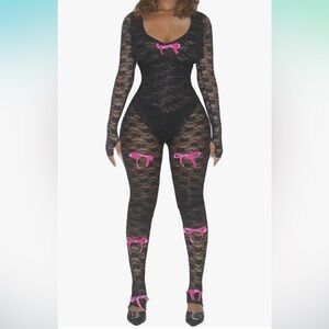 *NEW* Sexy Sheer Outfits Lace Long Sleeve U Neck Bodycon Jumpsuit Streetwear